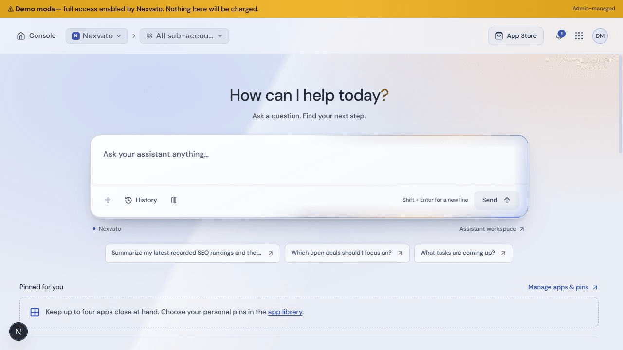 Nexvato OS Console with its AI assistant and personal app shortcuts